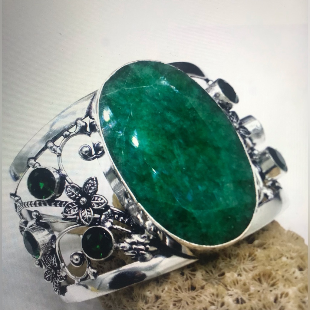 Malachite Chrome Diopside Stamped 925 Sterling Silver Cuff Bracelet 115$